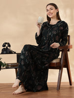 Alpine Floral Print Full Sleeves Designer Nighty Emerald Green
