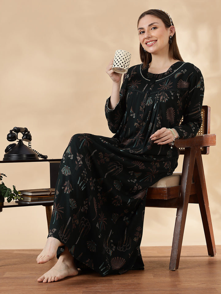 Emerald Green Alpine Floral Fancy Nighty For Women