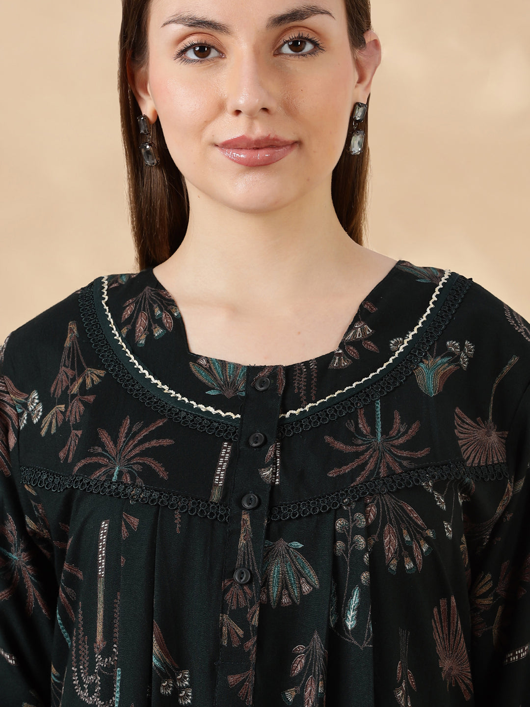 Emerald Green Alpine Floral Fancy Nighty For Women