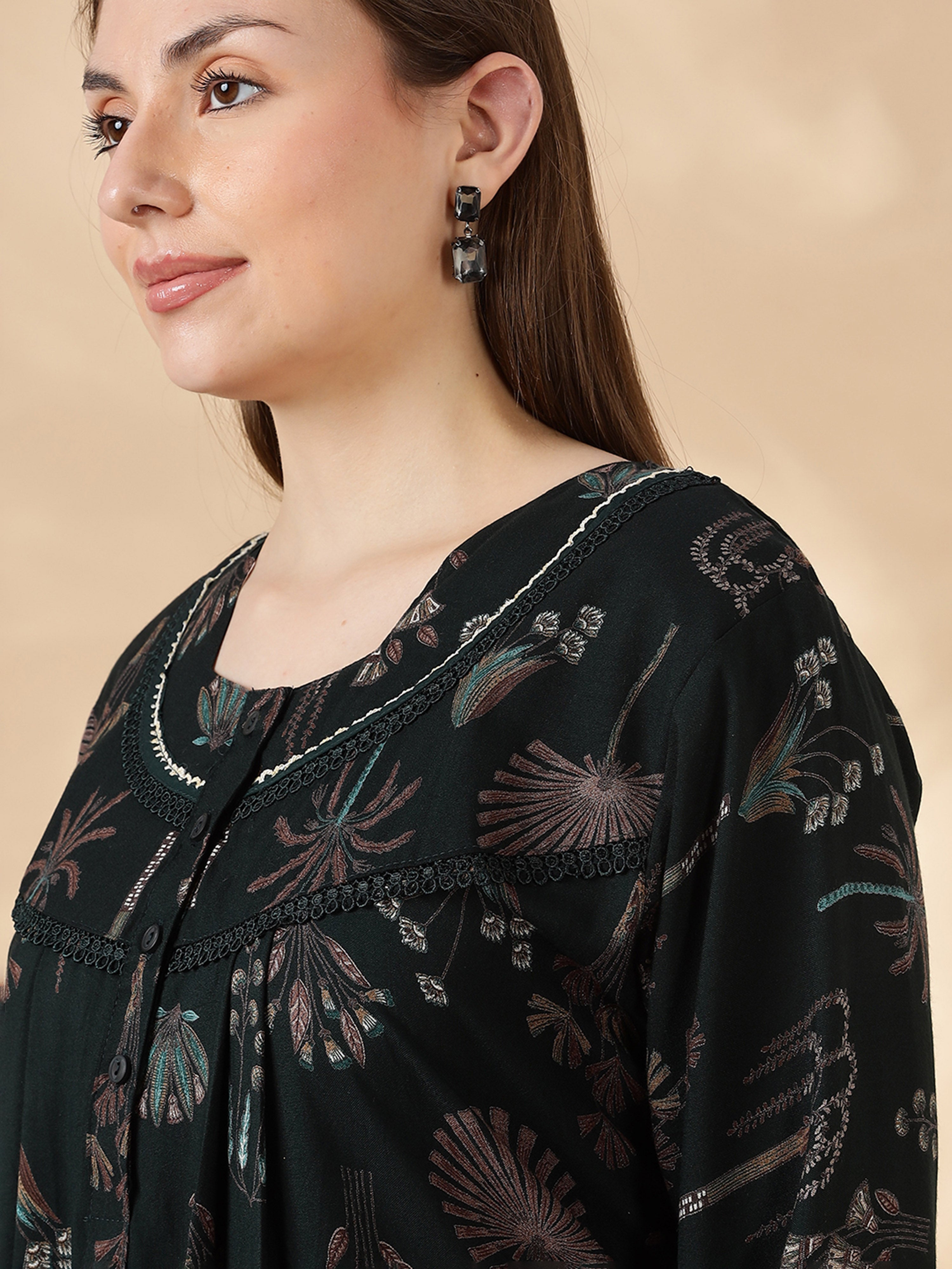 Buy Emerald Green Alpine Floral Fancy Nighty For Women Today