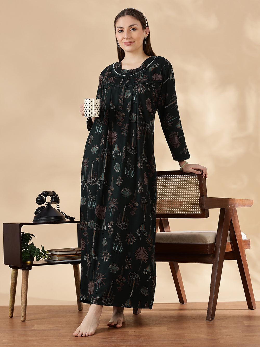 Emerald Green Alpine Floral Fancy Nighty For Women