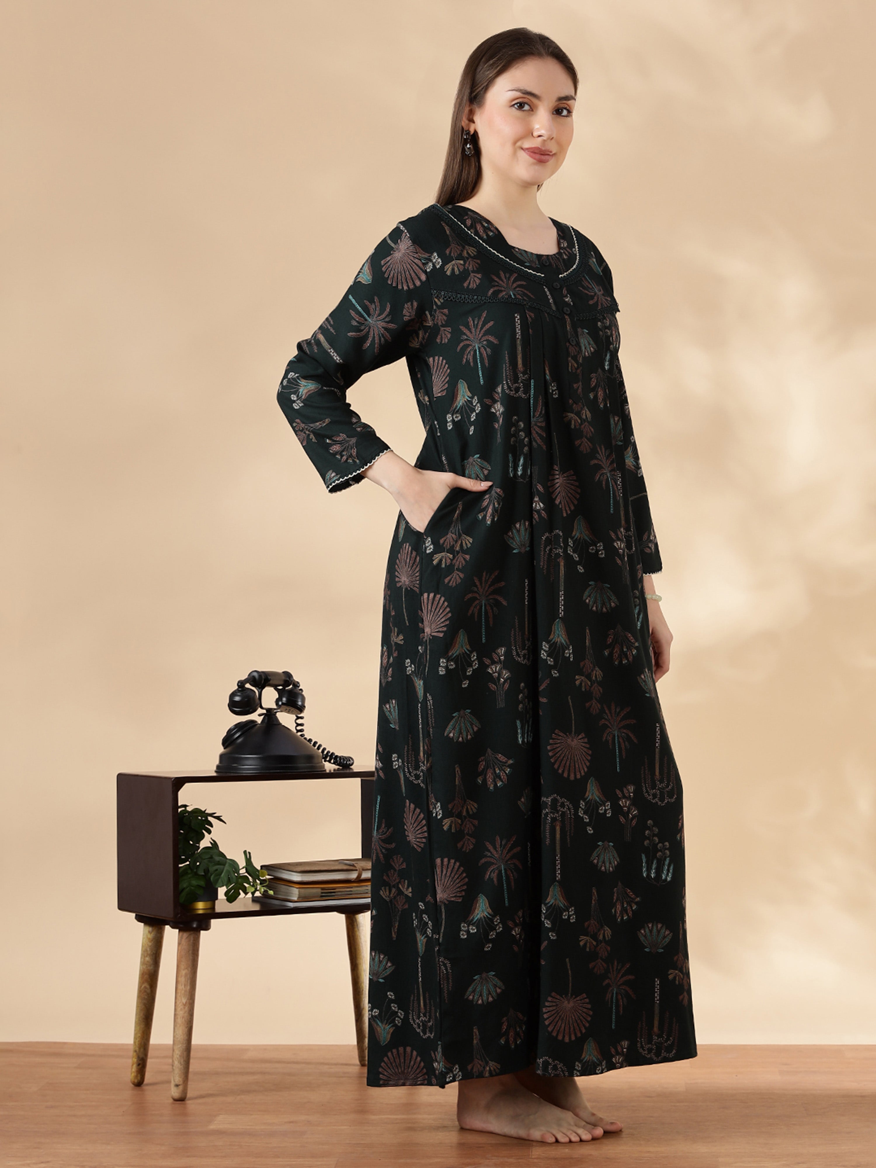Buy Emerald Green Alpine Floral Fancy Nighty For Women Today