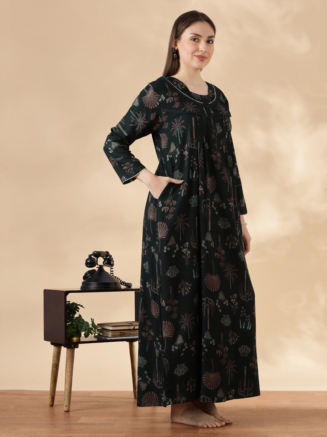 Emerald Green Alpine Floral Fancy Nighty For Women