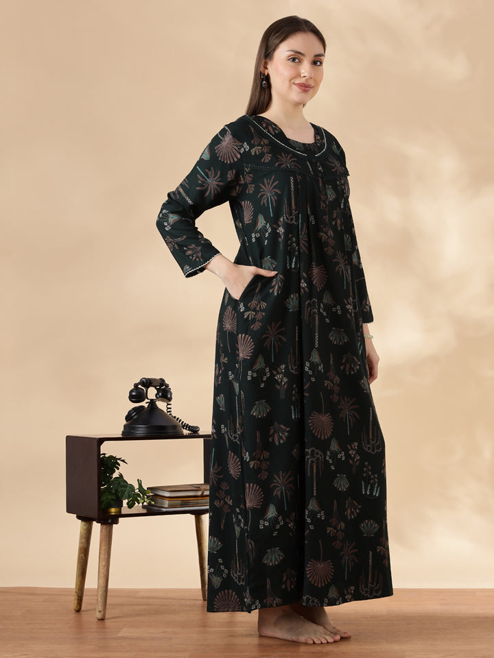 Emerald Green Alpine Floral Fancy Nighty For Women