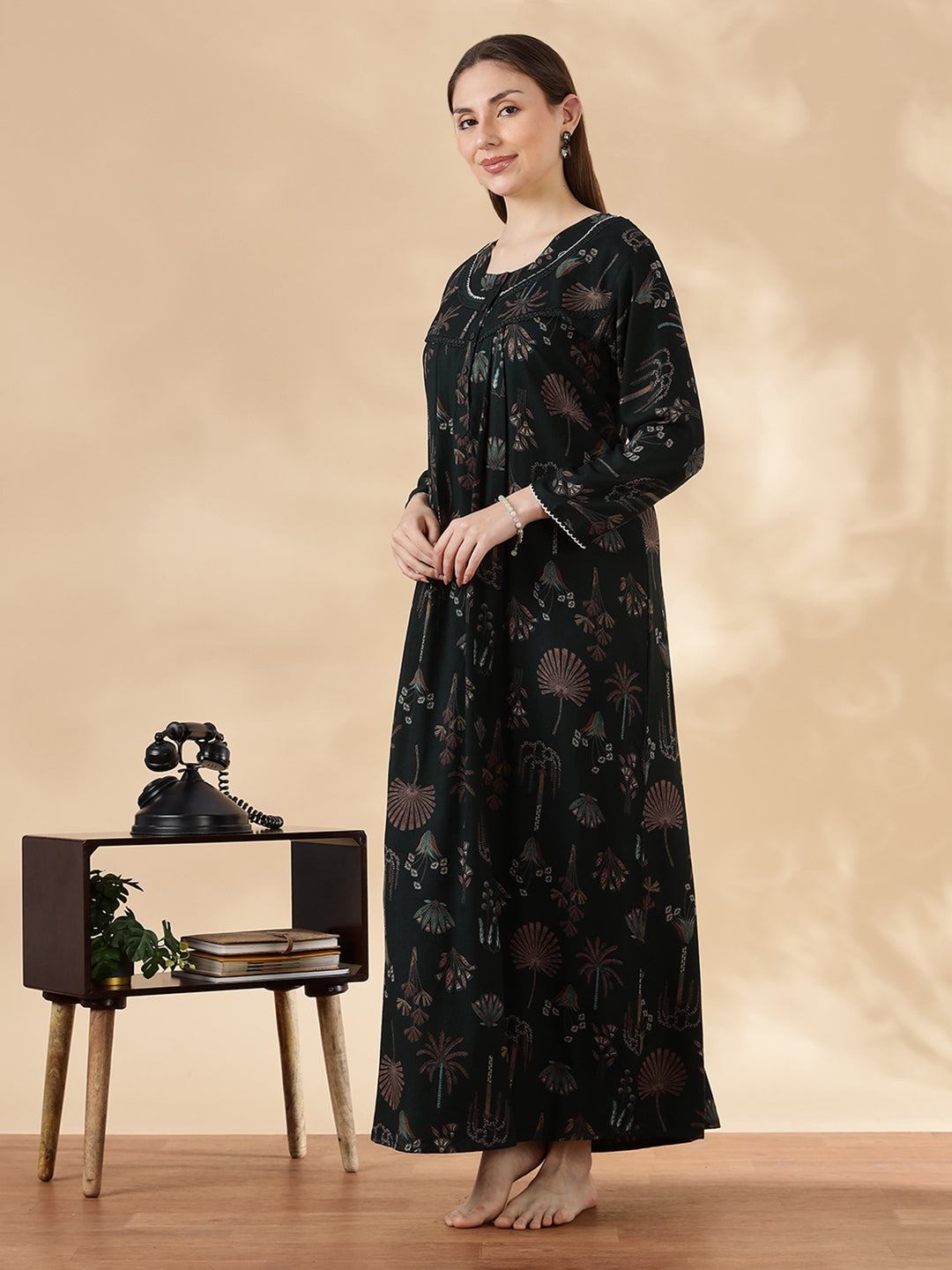 Emerald Green Alpine Floral Fancy Nighty For Women