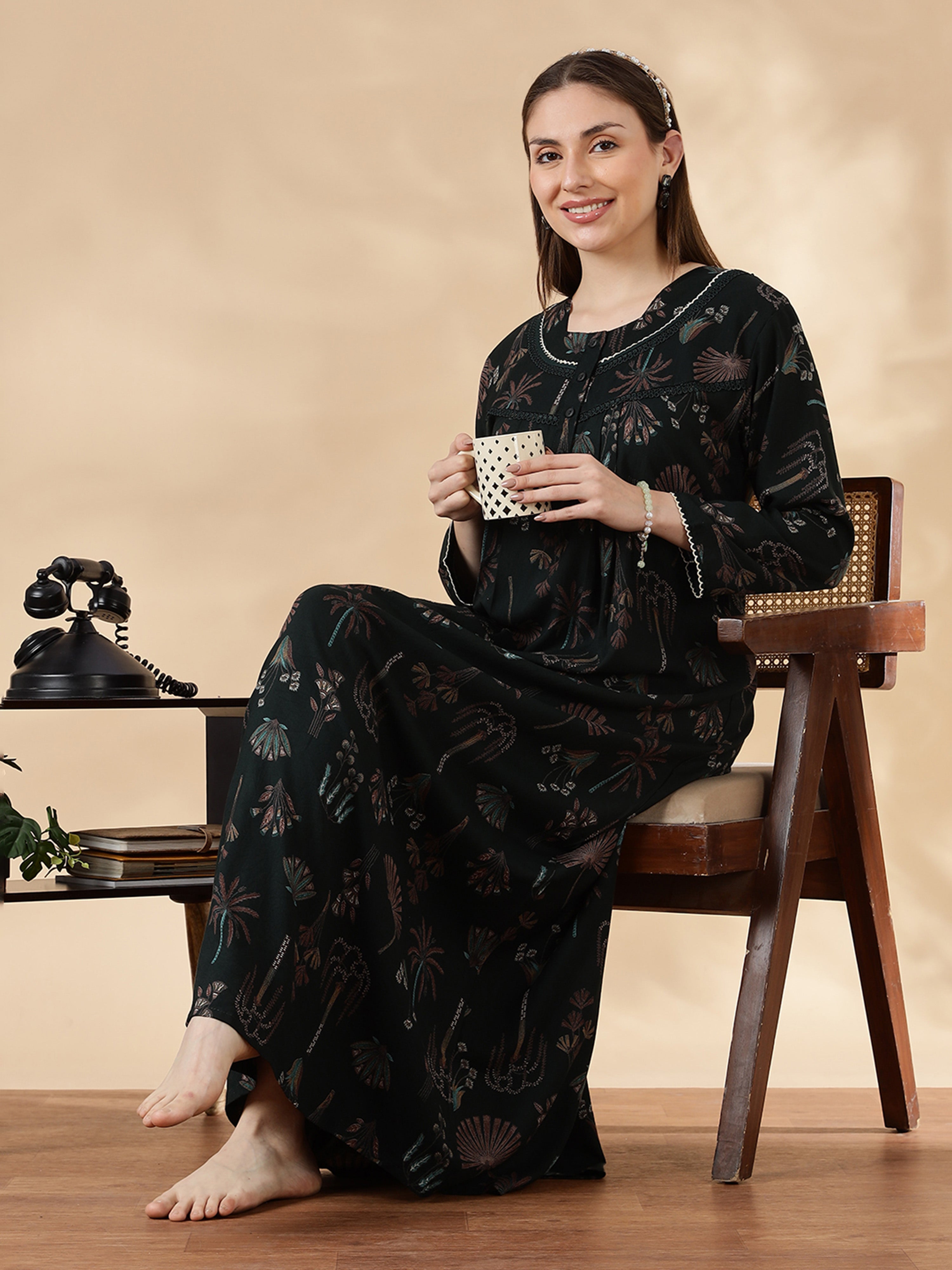 Buy Emerald Green Alpine Floral Fancy Nighty For Women Today