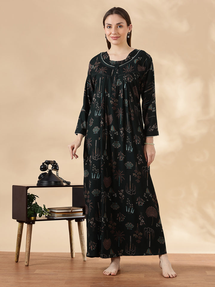 Emerald Green Alpine Floral Fancy Nighty For Women