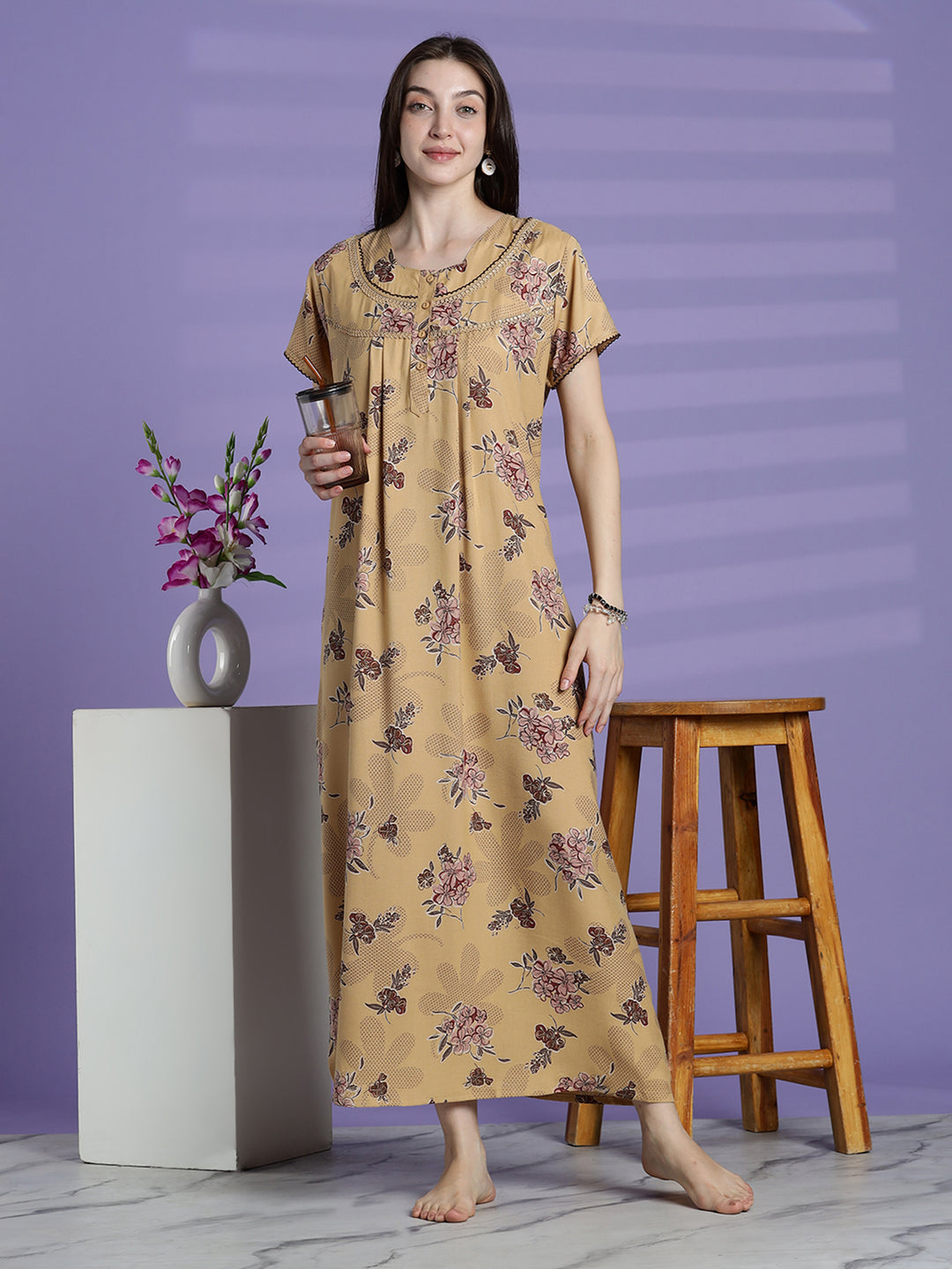Women’s mustard beige floral alpine nighty with short sleeves and relaxed fit