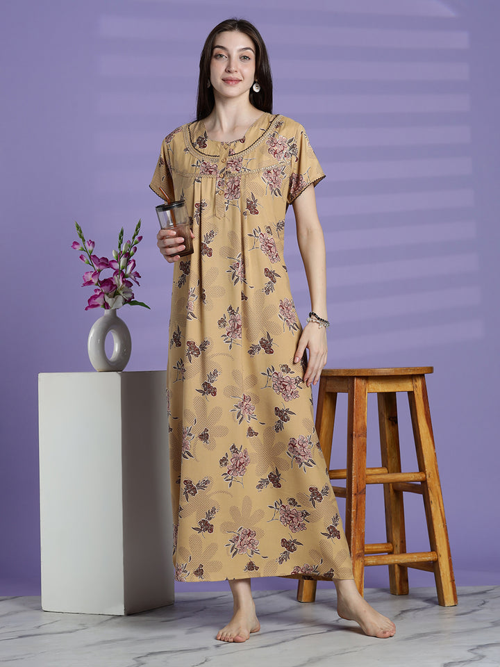 Women’s mustard beige floral alpine nighty with short sleeves and relaxed fit