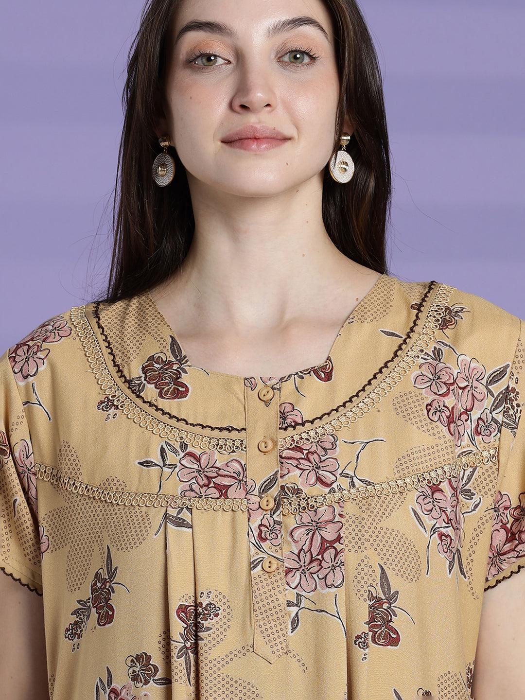 Women’s mustard beige floral alpine nighty with short sleeves and relaxed fit