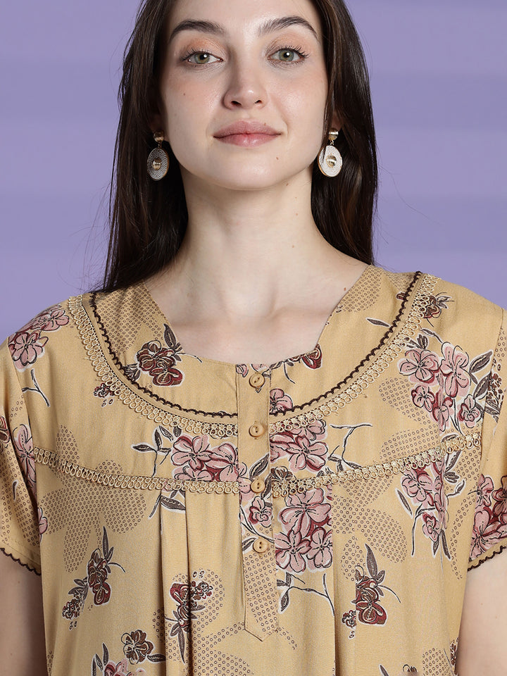 Women’s mustard beige floral alpine nighty with short sleeves and relaxed fit