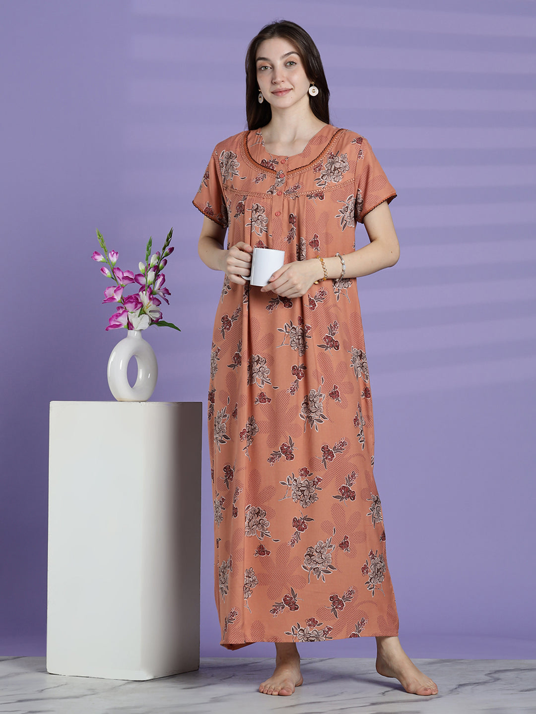 Mustard peach alpine floral nightwear for women