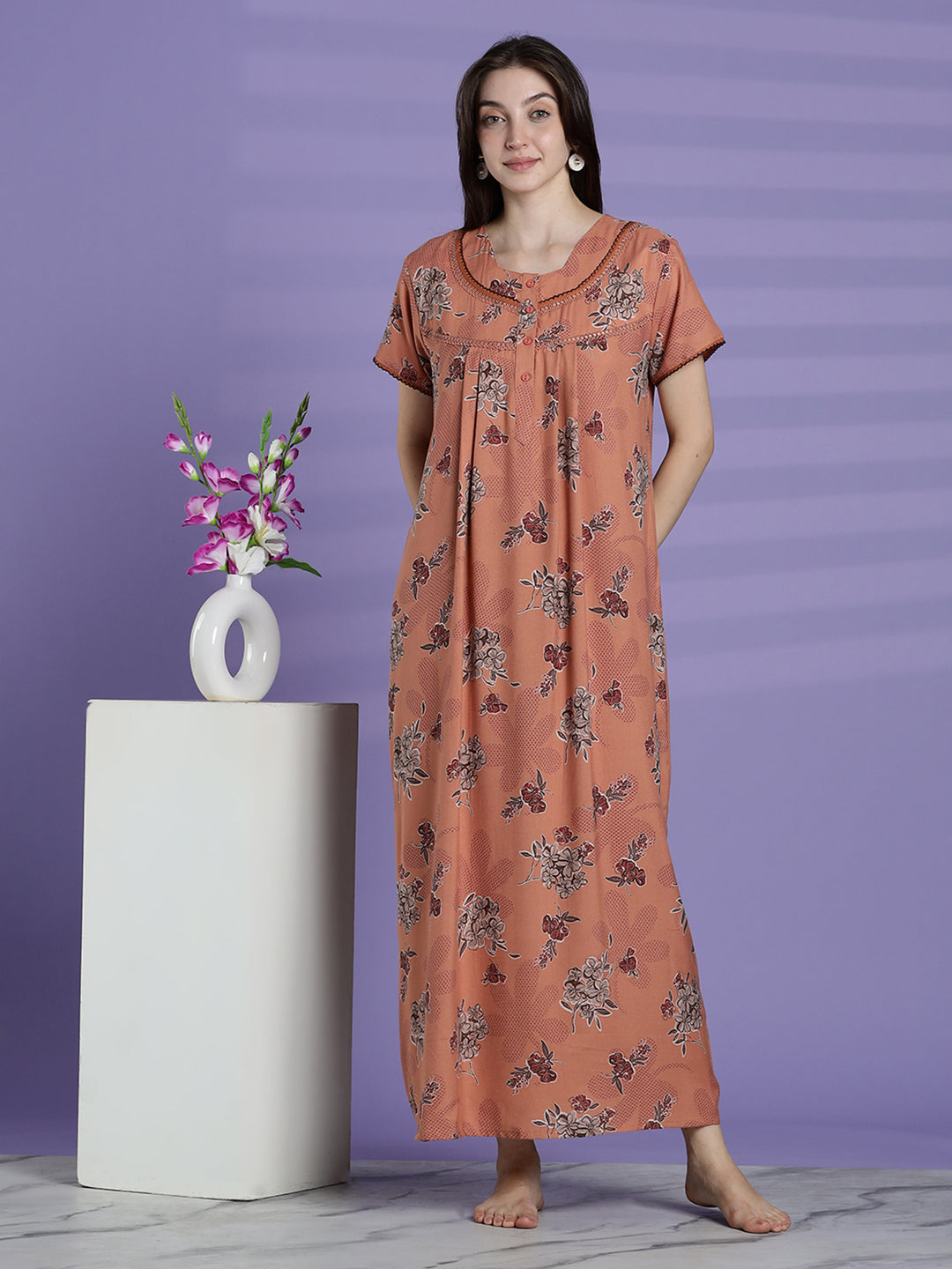 Mustard peach alpine floral nightwear for women