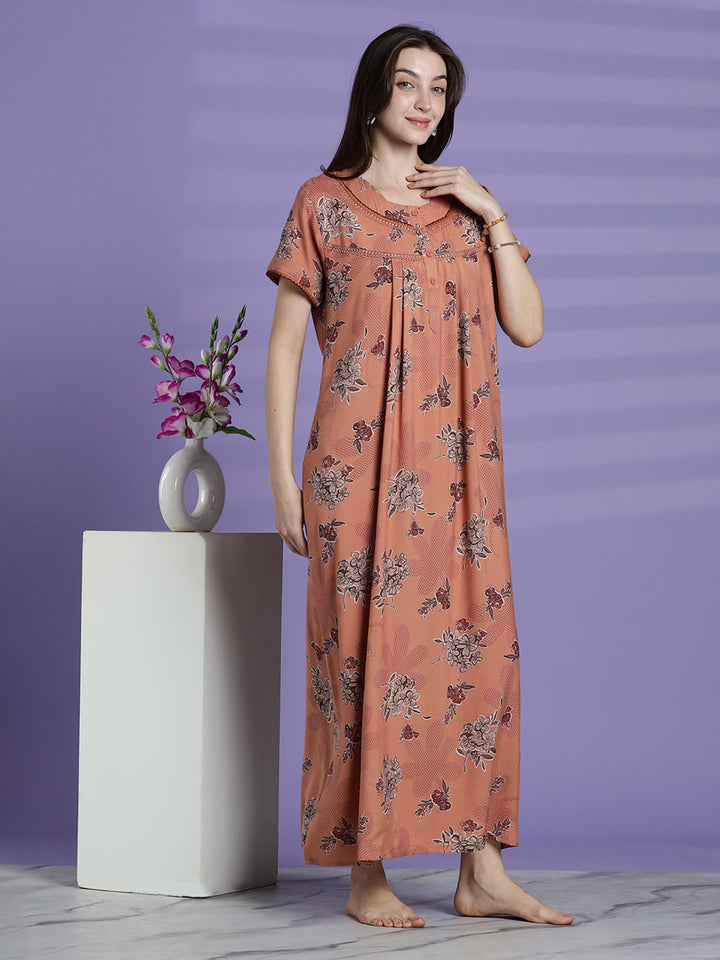 Mustard peach alpine floral nightwear for women