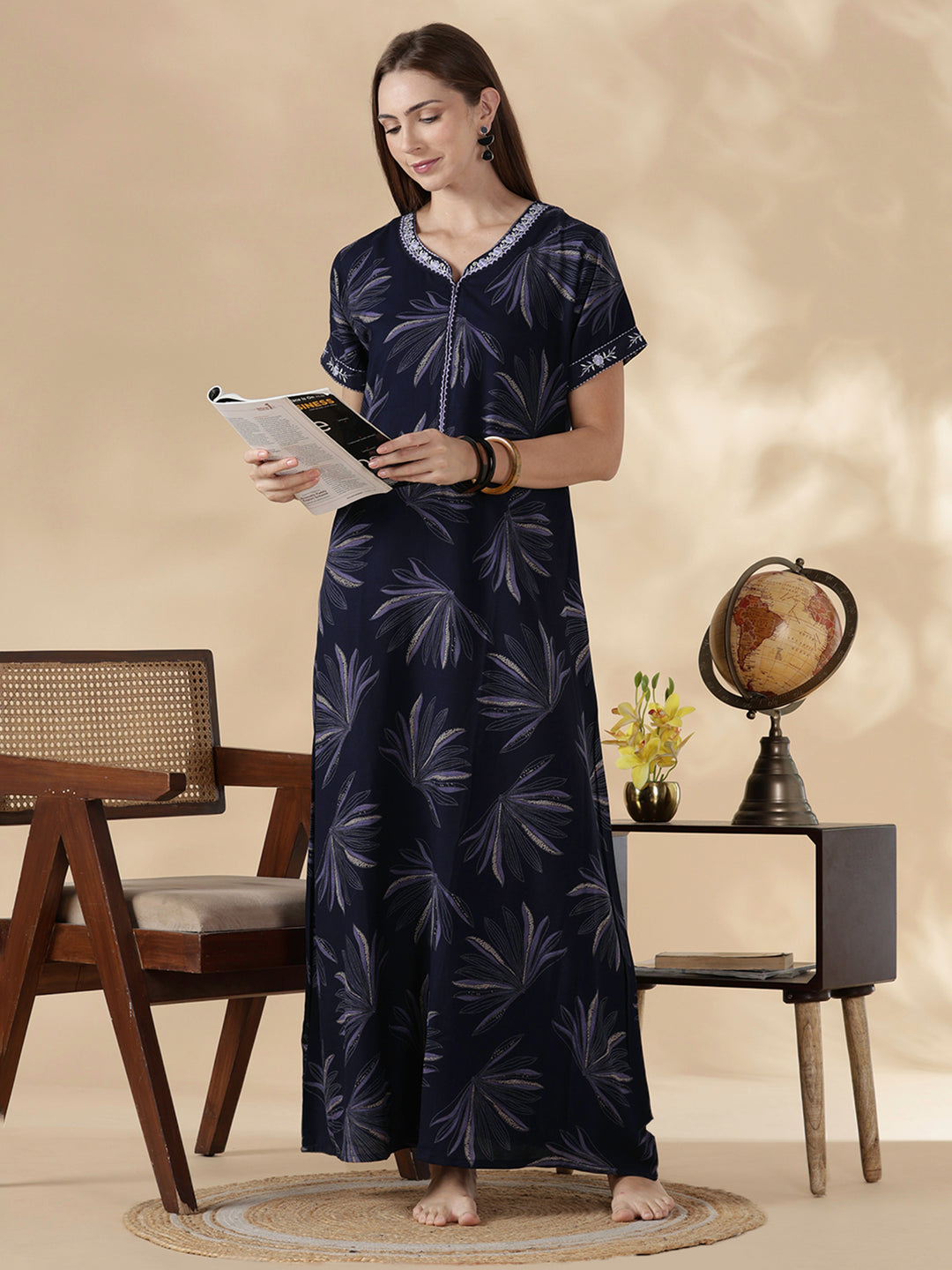 Dusk navy alpine floral comfortable feeding nighty for women