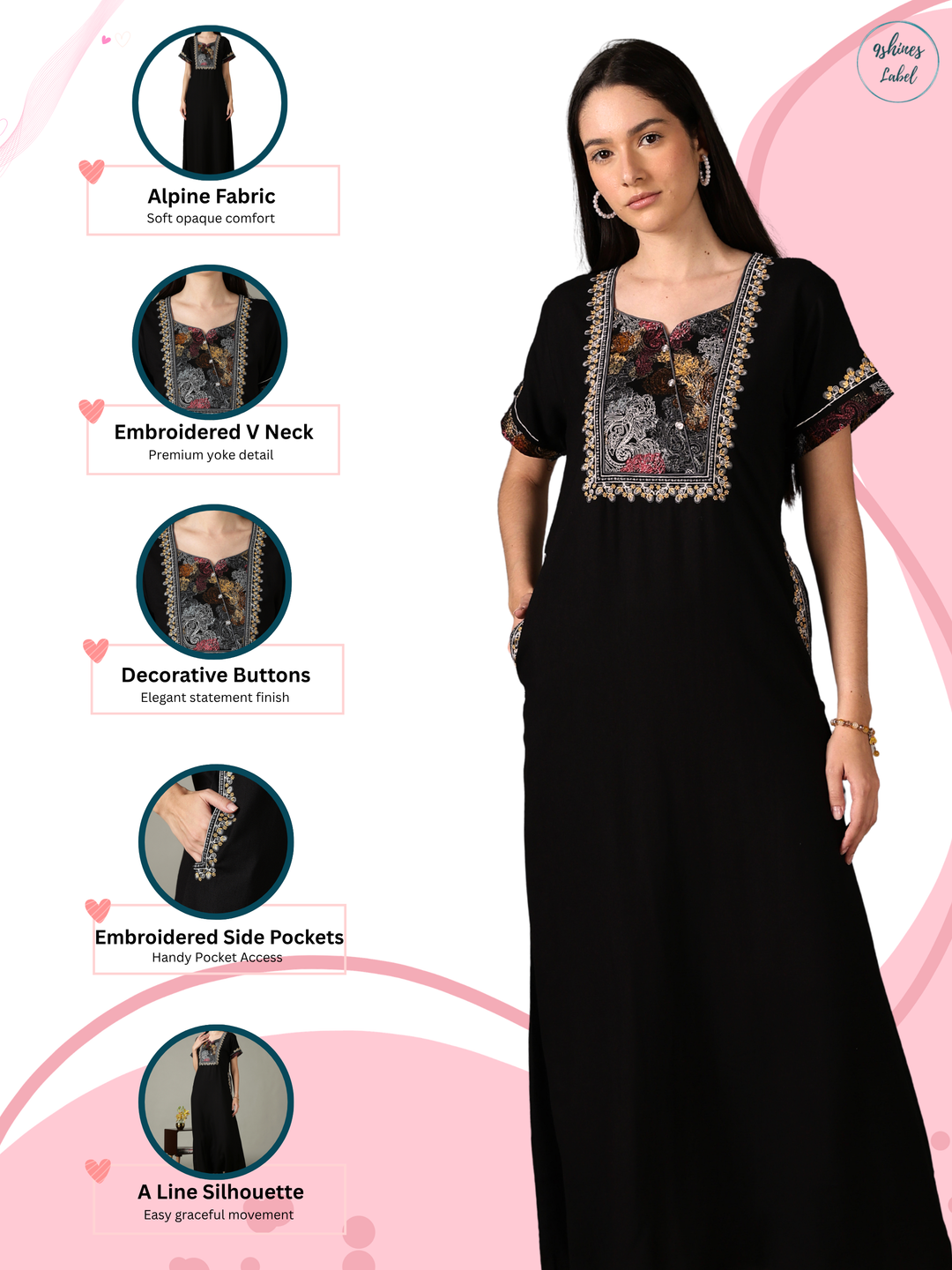Black designer alpine night wear for women
