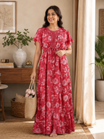Salmon Red Floral Alpine Nighty for Women with Pocket