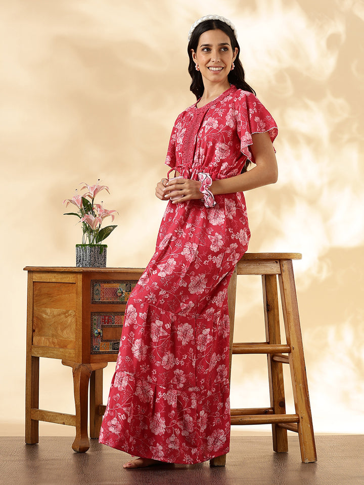 Salmon red floral alpine night wear for women