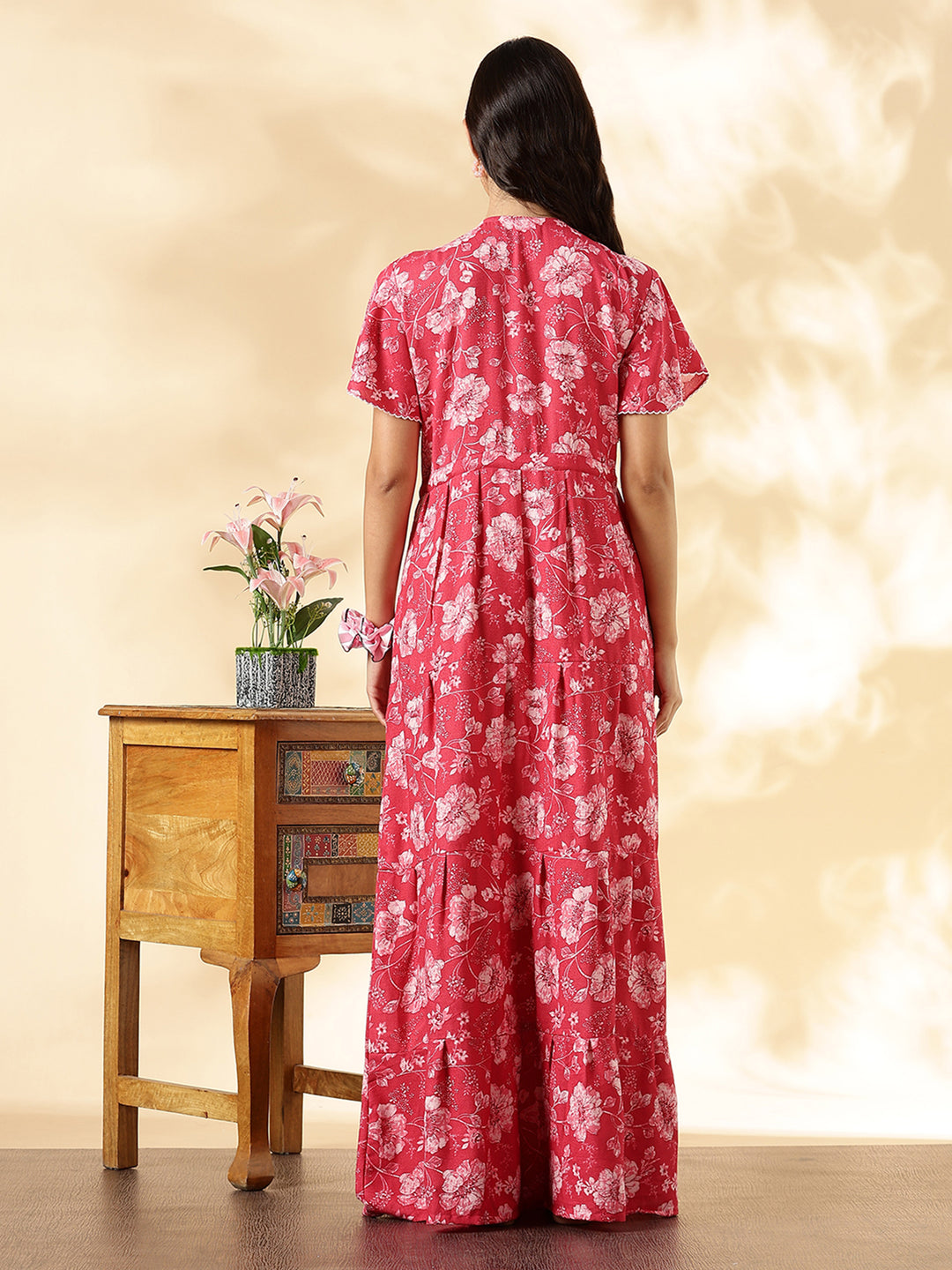 Salmon red floral alpine night wear for women