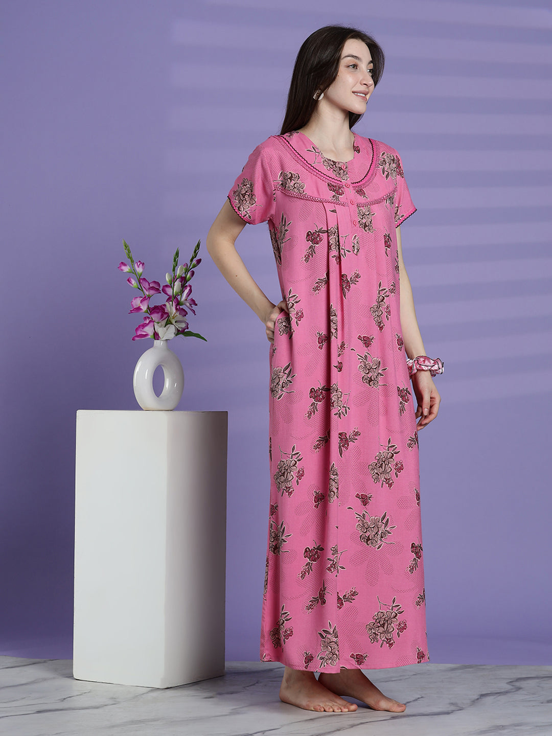 Blush pink alpine floral cozy night dress for women