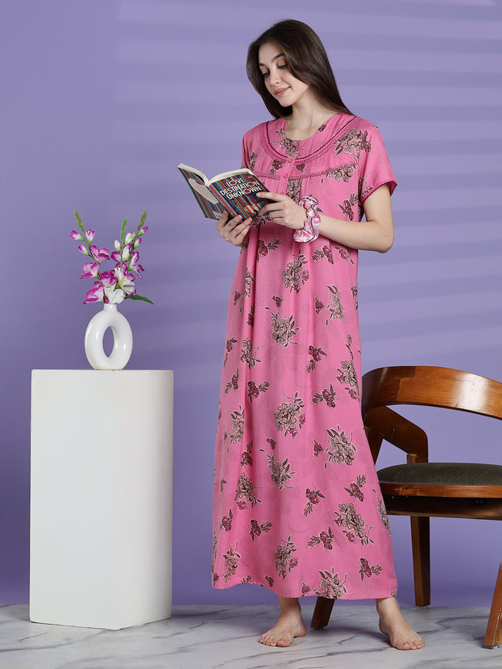 Blush pink alpine floral cozy night dress for women