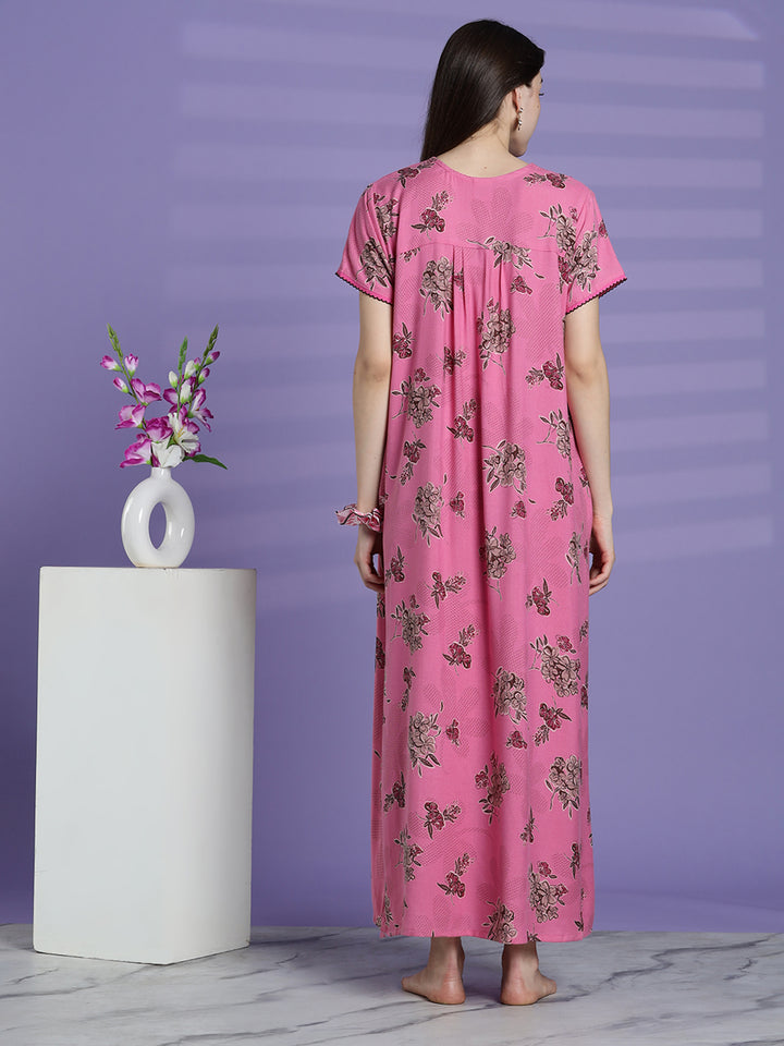 Blush pink alpine floral cozy night dress for women