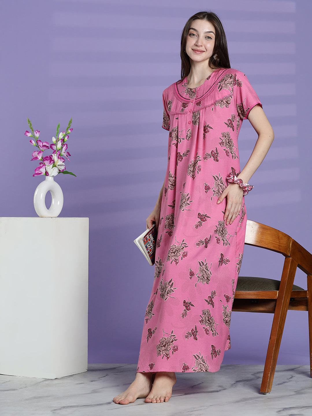 Blush pink alpine floral cozy night dress for women