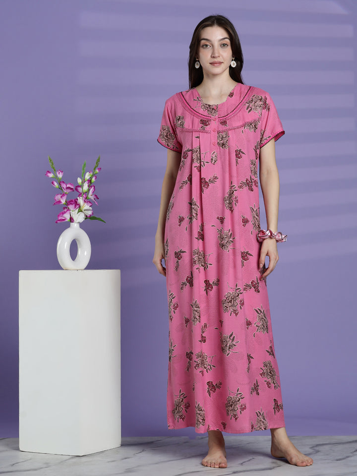 Blush pink alpine floral cozy night dress for women