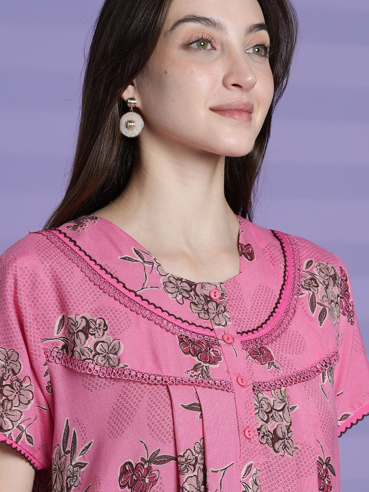 Blush pink alpine floral cozy night dress for women