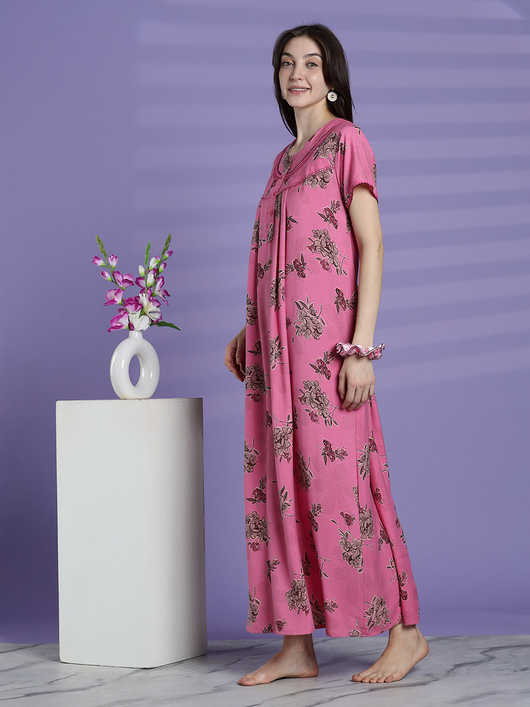 Blush pink alpine floral cozy night dress for women