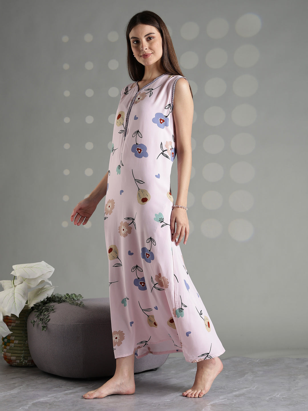 Rosy floral cool sleeveless nighty for women