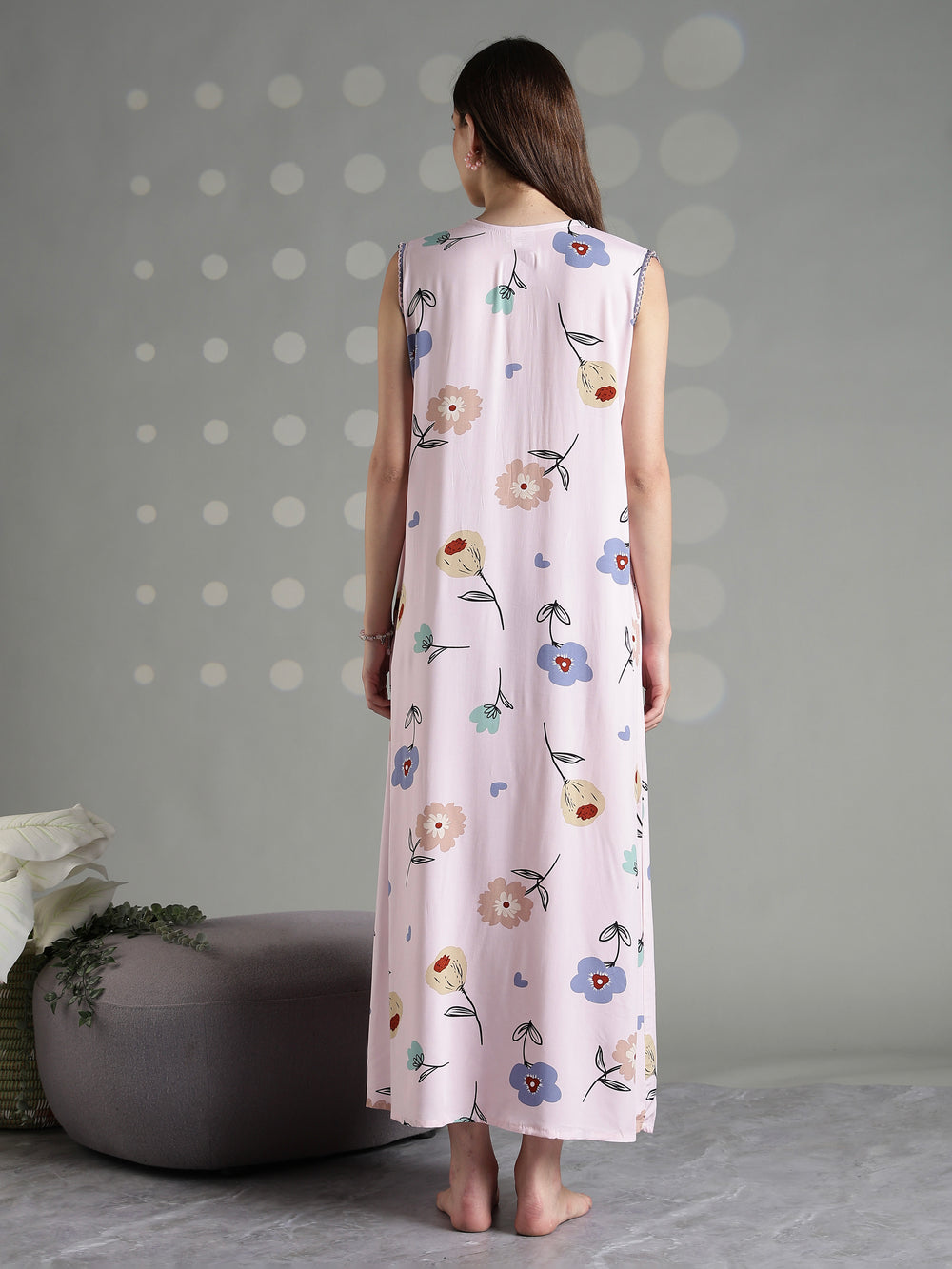 Rosy floral cool sleeveless nighty for women