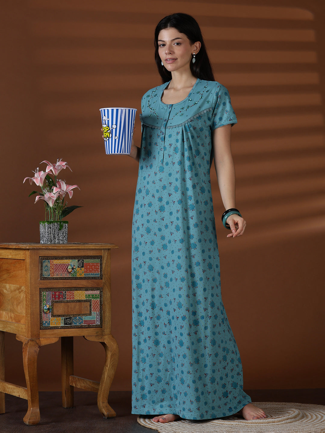 Aqua Floral Cotton Blend Sleepwear for Women Comfortable Fit
