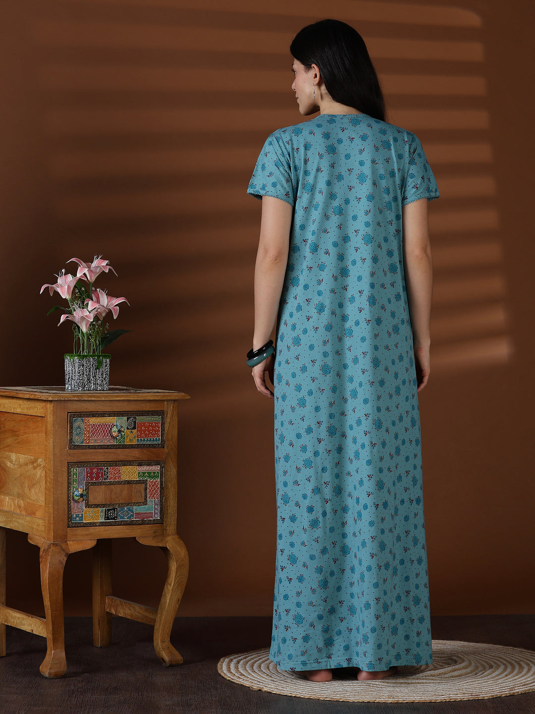 Aqua Floral Cotton Blend Sleepwear for Women Comfortable Fit