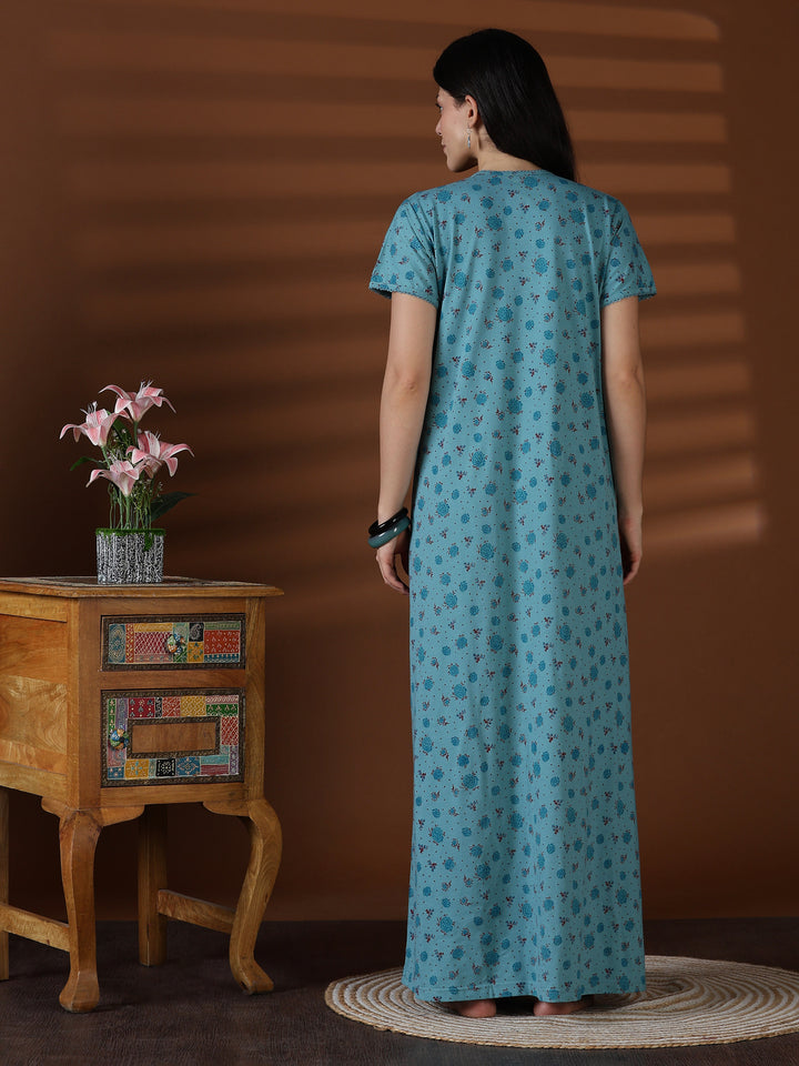 Aqua Floral Cotton Blend Sleepwear for Women Comfortable Fit