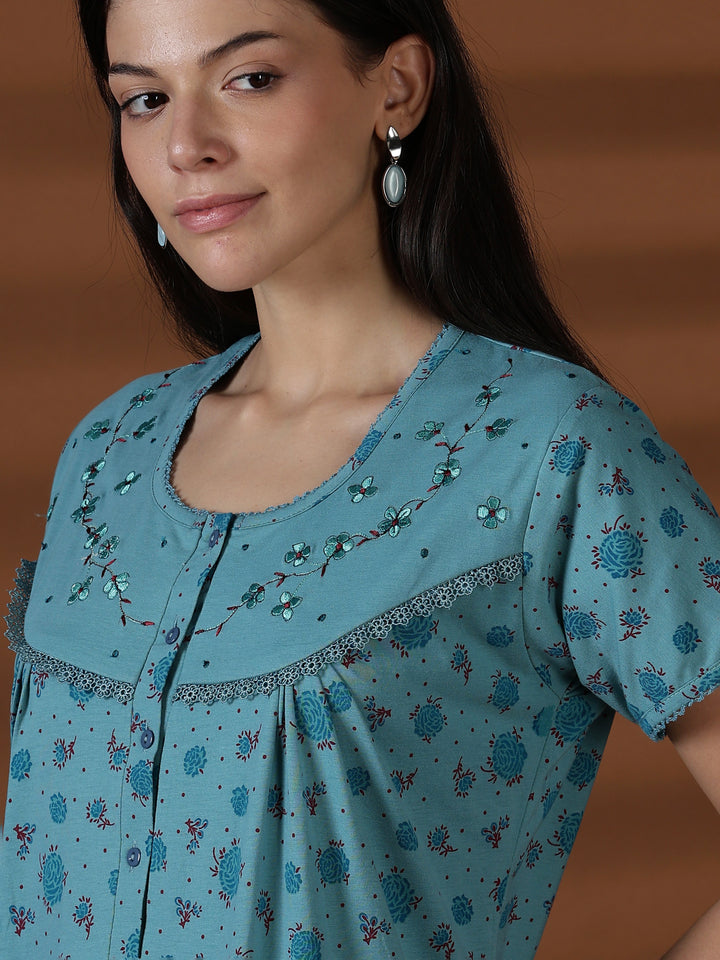 Aqua Floral Cotton Blend Sleepwear for Women Comfortable Fit