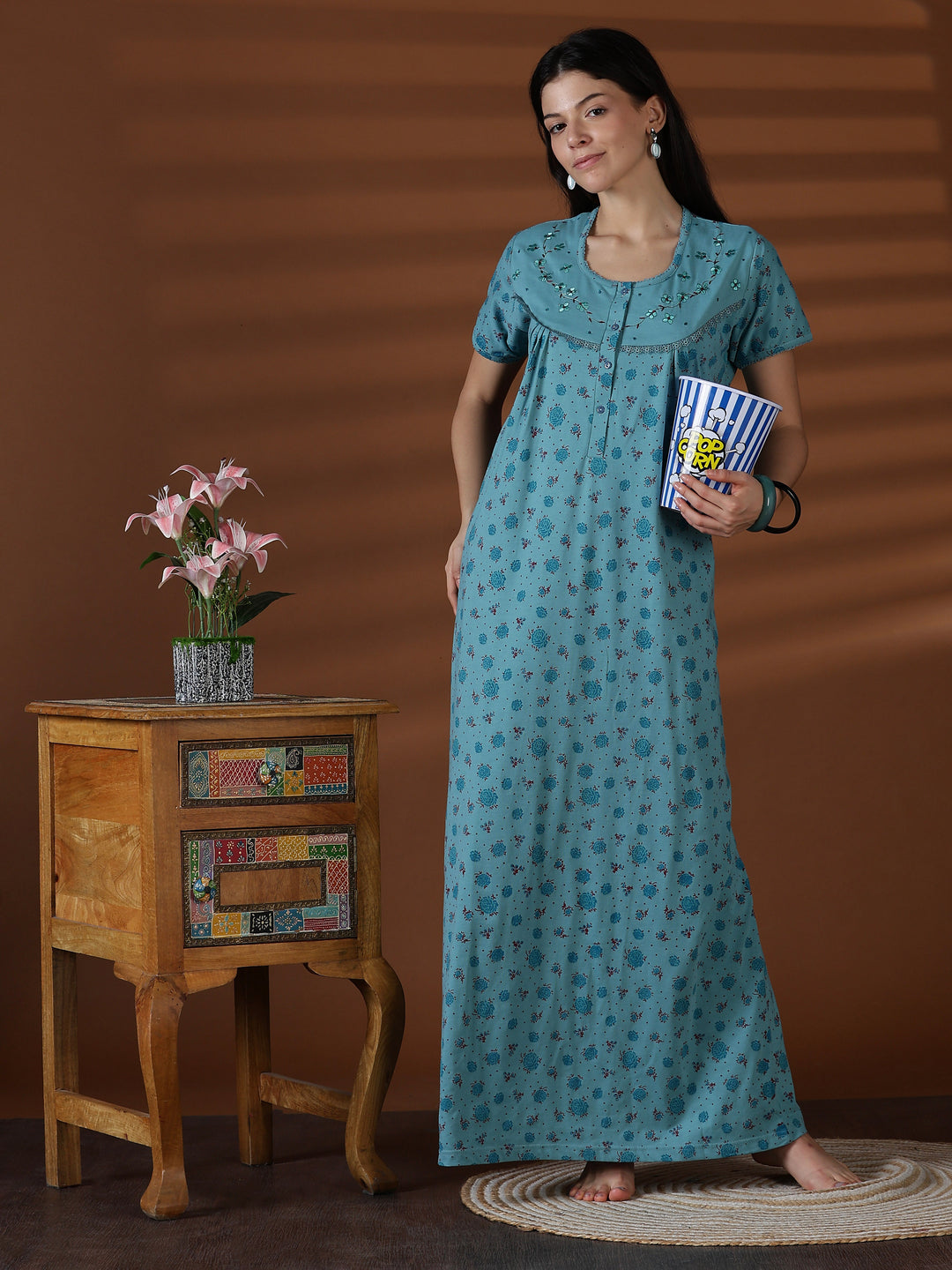 Aqua Floral Cotton Blend Sleepwear for Women Comfortable Fit