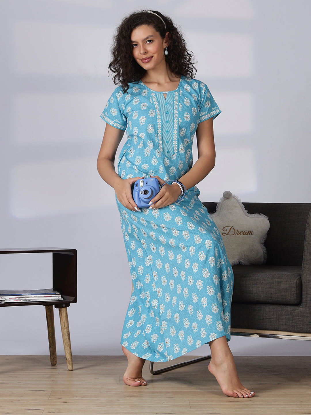 Aqua blue pure cotton nighty dress for women
