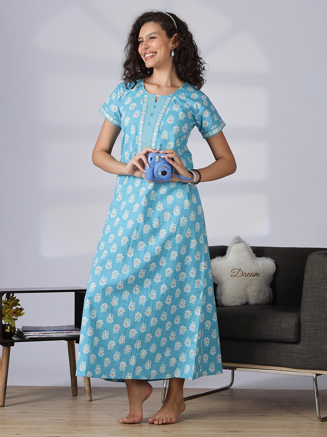Aqua blue pure cotton nighty dress for women