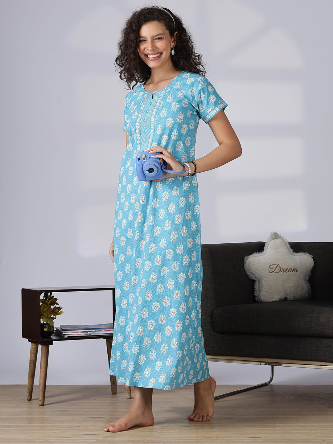 Aqua blue pure cotton nighty dress for women
