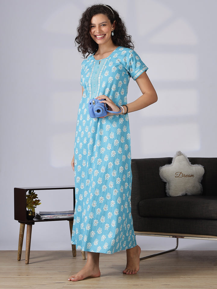 Aqua blue pure cotton nighty dress for women