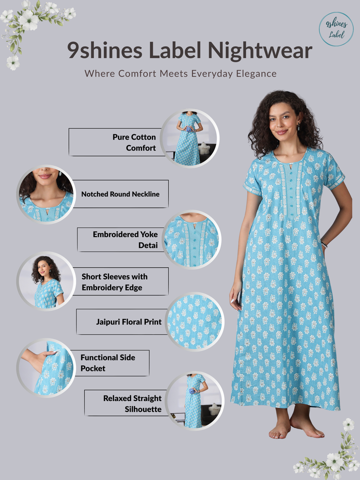 Aqua blue pure cotton nighty dress for women