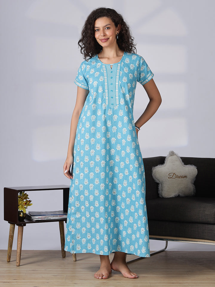 Aqua blue pure cotton nighty dress for women