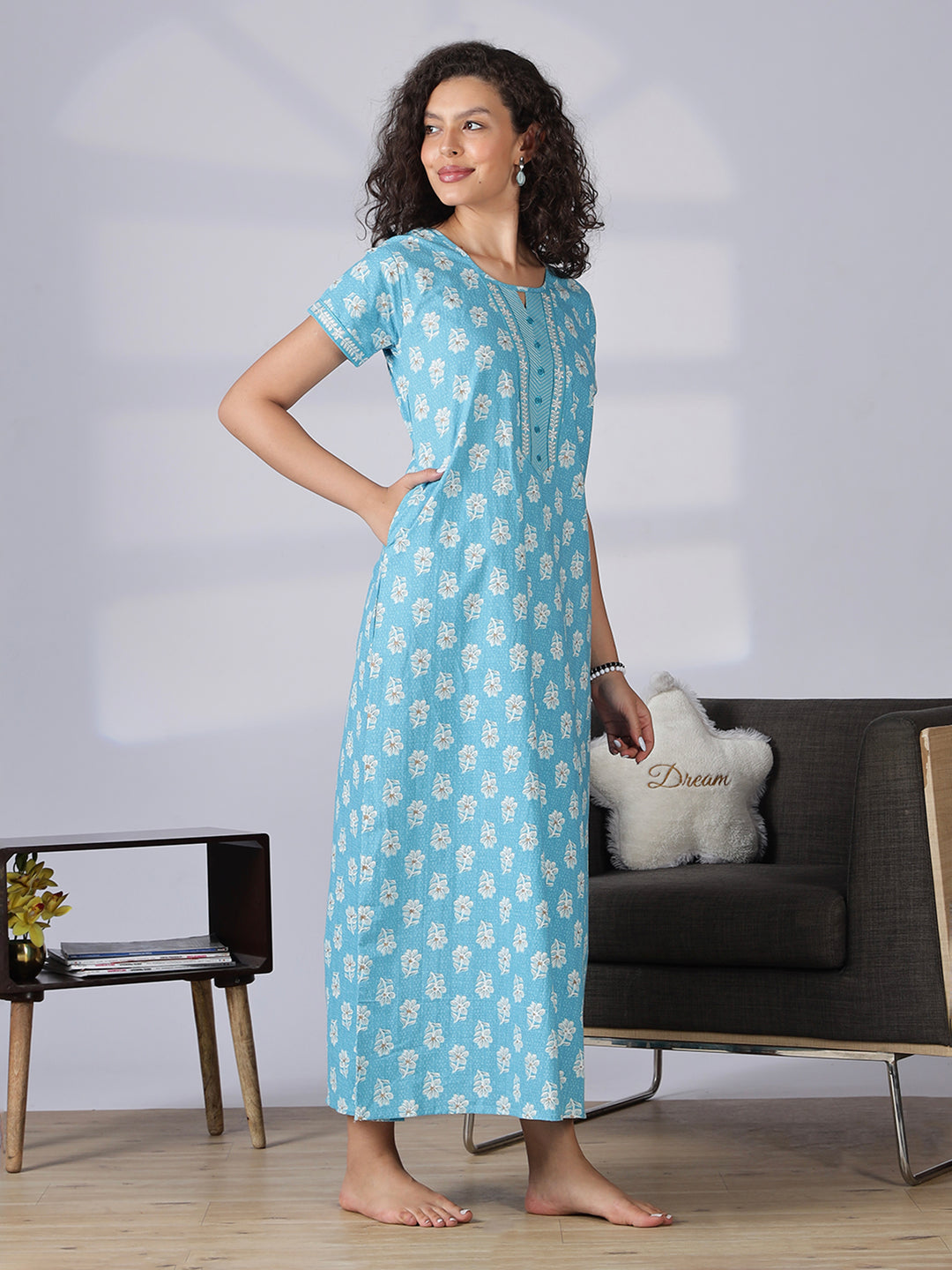Shop Aqua Blue Pure Cotton Nighty Dress For Women Online Cotton / XL/46