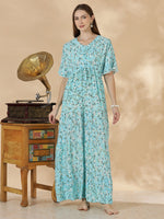 Aqua Floral Rayon Nighty for Women Breathable Flowy Comfort