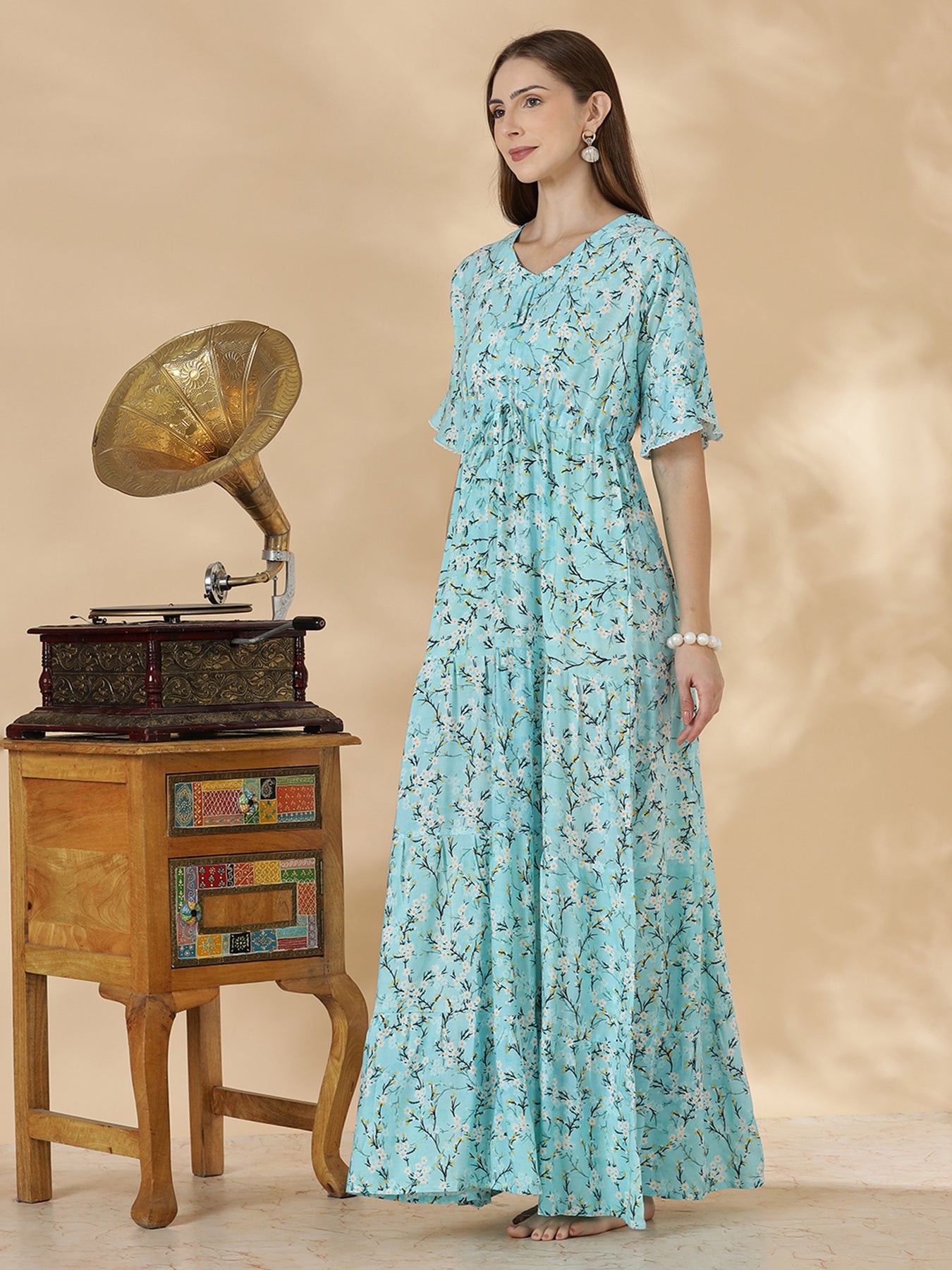 Stylish Aqua Blue Floral Rayon Lightweight Nighty for Women – 9shines label