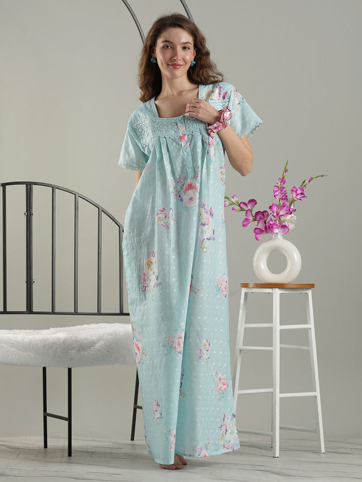 Aqua floral cotton nightdress for women with chikankari lace yoke.