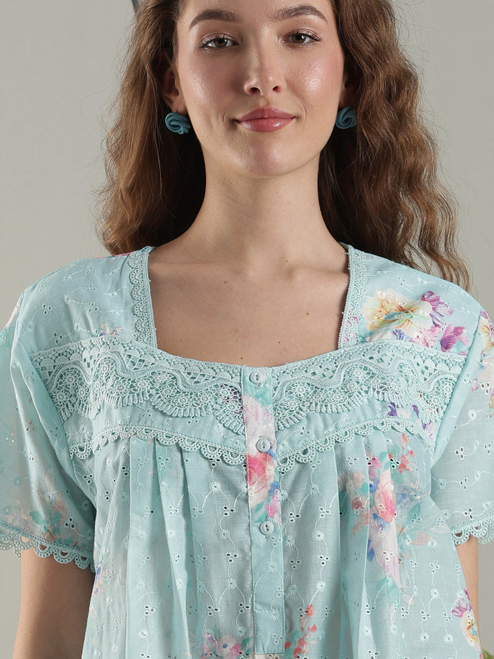 Aqua floral cotton nightdress for women with chikankari lace yoke.