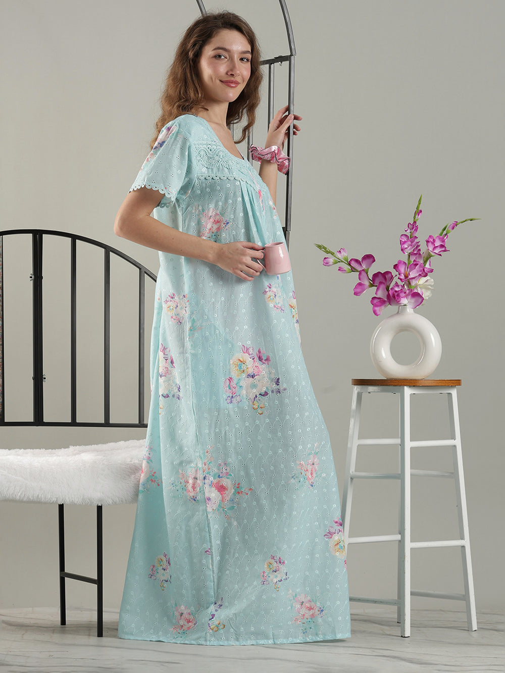 Aqua floral cotton nightdress for women with chikankari lace yoke.