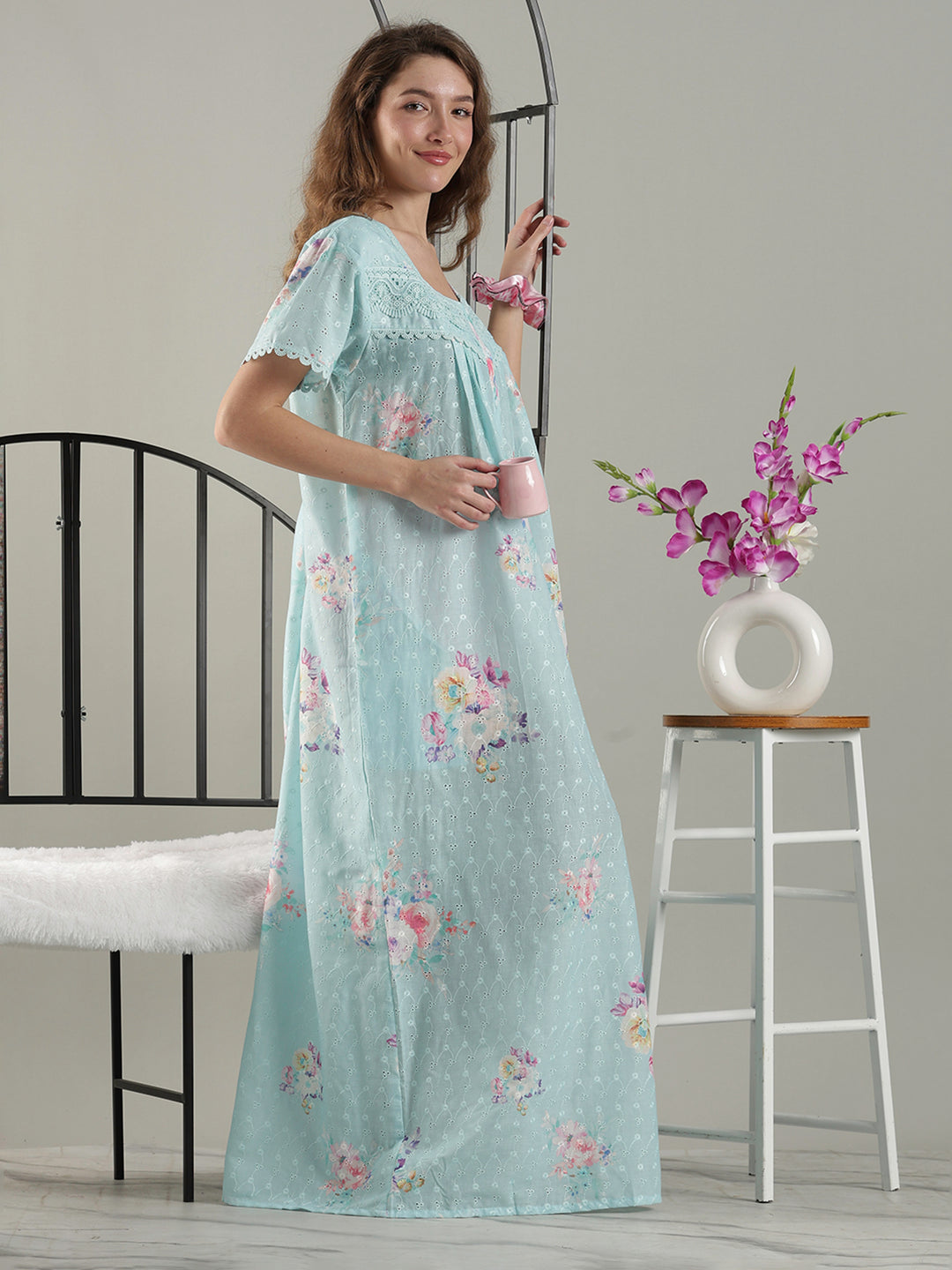 Aqua floral cotton nightdress for women with chikankari lace yoke.